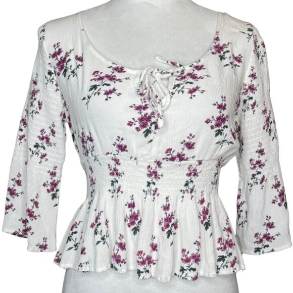 American Eagle Outfitters Tops - American Eagle Gauzy Babydoll Top Size L White Floral Smocked Boho Spring